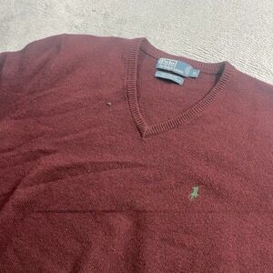 VTG Polo Ralph Lauren‎ Adult XL Red Lambswool Green Pony Knit Sweater Men V Neck